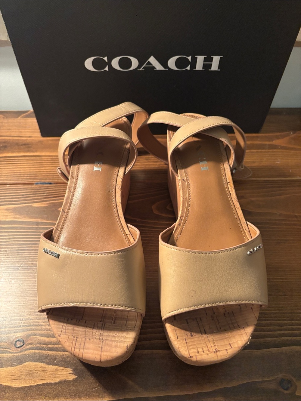 COACH Beige Leather Cork Wedge Sandals